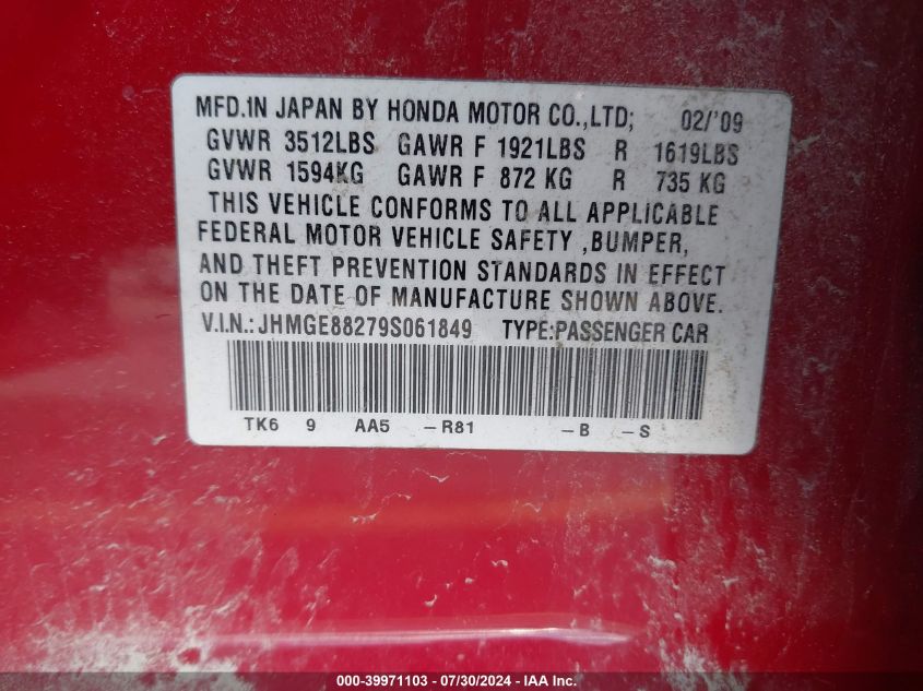 2009 Honda Fit VIN: JHMGE88279S061849 Lot: 39971103