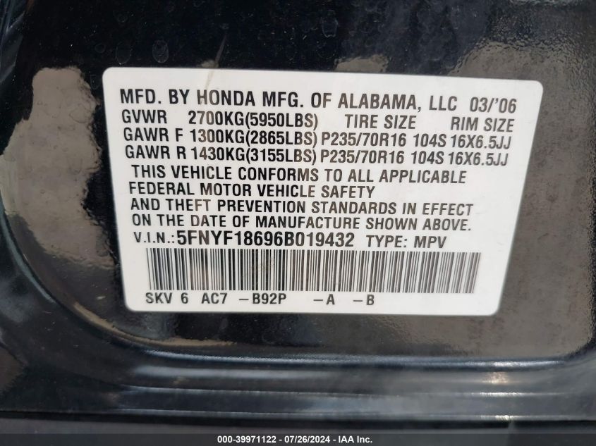 2006 Honda Pilot Ex-L VIN: 5FNYF18696B019432 Lot: 39971122