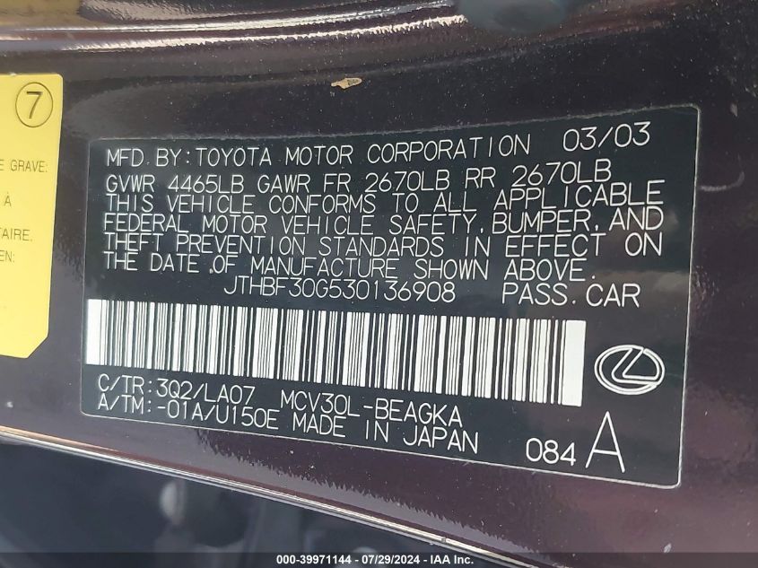 2003 Lexus Es 300 VIN: JTHBF30G530136908 Lot: 39971144