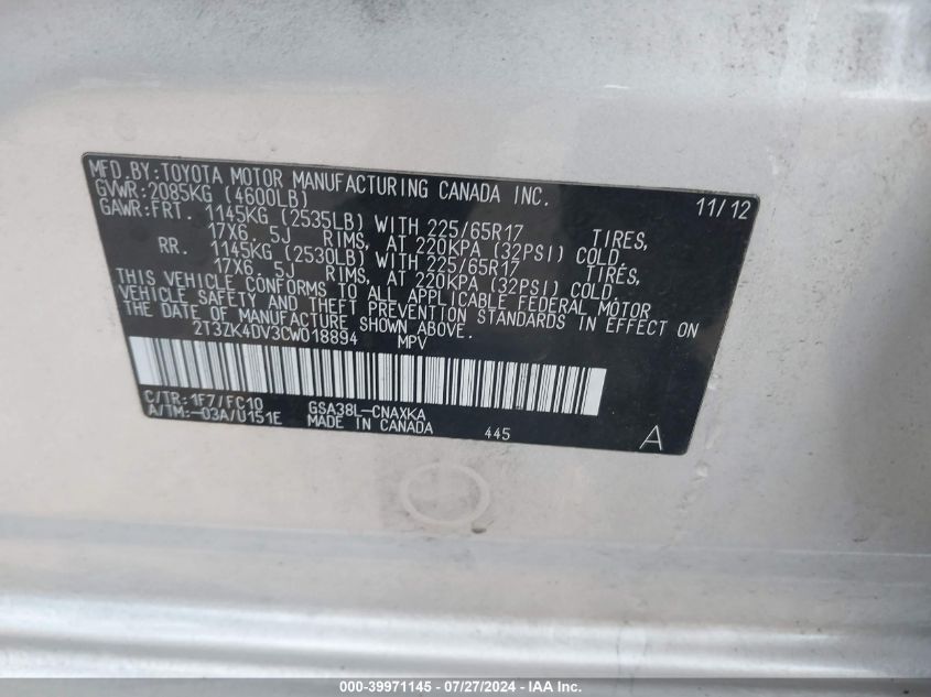 2012 Toyota Rav4 Base V6 VIN: 2T3ZK4DV3CW018894 Lot: 39971145