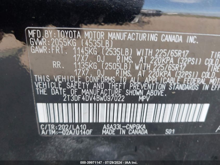 2011 Toyota Rav4 Limited VIN: 2T3DF4DV4BW097022 Lot: 39971147