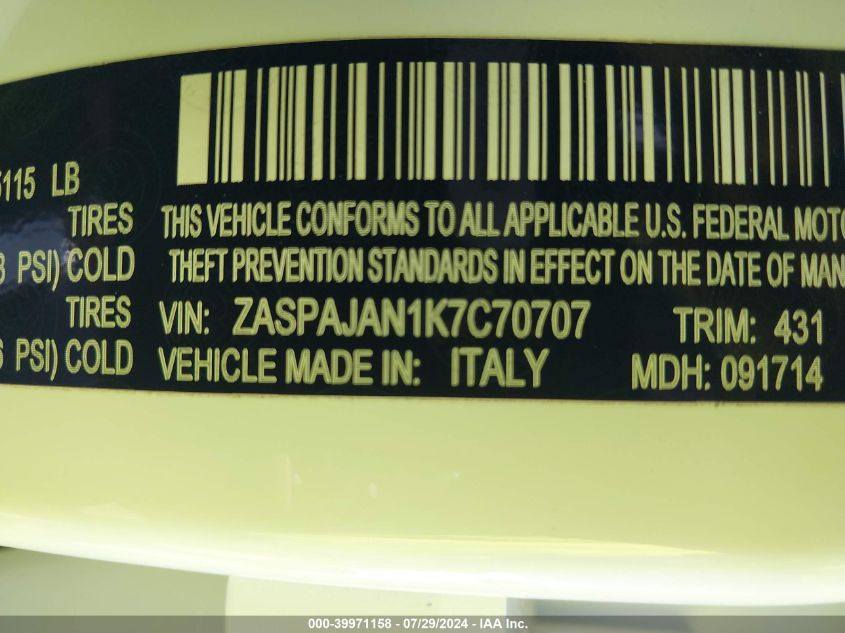 2019 Alfa Romeo Stelvio Rwd VIN: ZASPAJAN1K7C70707 Lot: 39971158