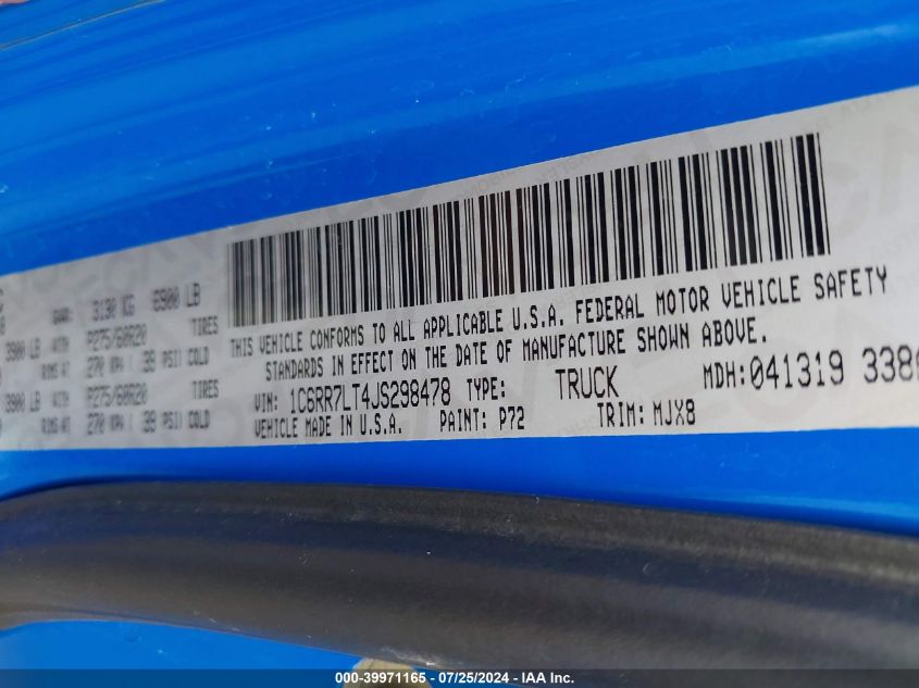 2018 Ram 1500 Big Horn 4X4 5'7 Box VIN: 1C6RR7LT4JS298478 Lot: 39971165