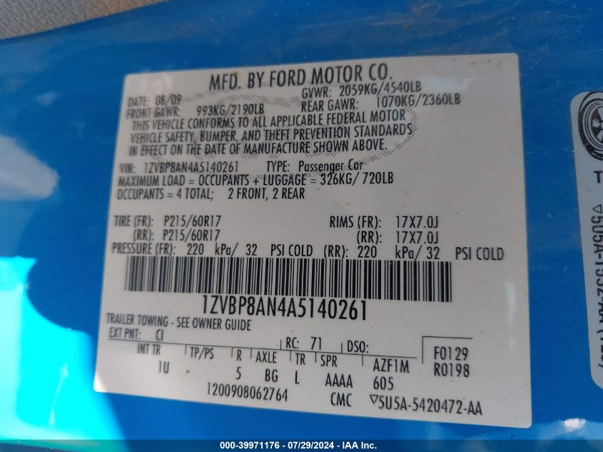 2010 Ford Mustang V6/V6 Premium VIN: 1ZVBP8AN4A5140261 Lot: 39971176