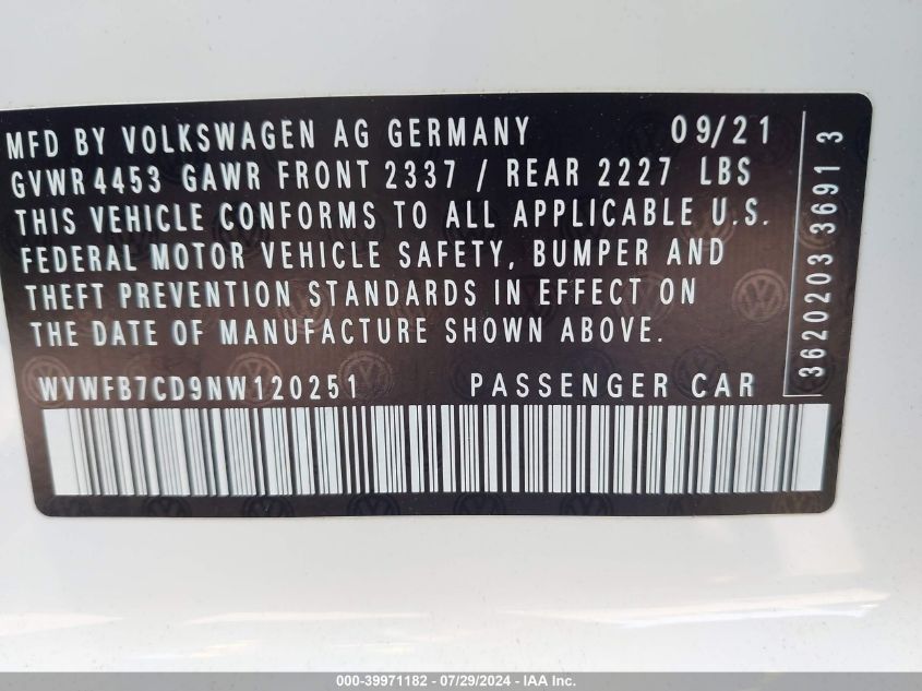 2022 Volkswagen Golf R VIN: WVWFB7CD9NW120251 Lot: 39971182