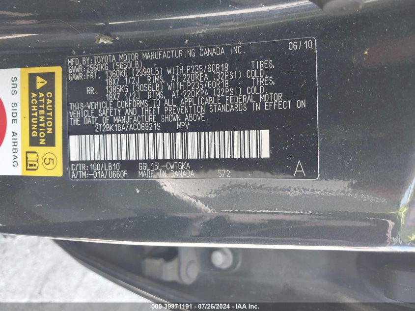 2010 Lexus Rx 350 VIN: 2T2BK1BA7AC069219 Lot: 39971191