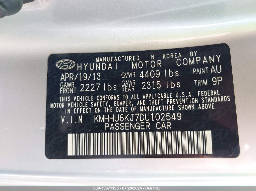 2013 Hyundai Genesis 3.8 Grand Touring VIN: KMHHU6KJ7DU102549 Lot: 39971195