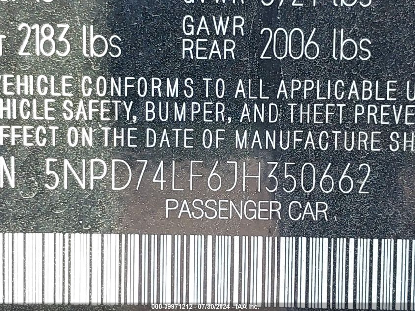 2018 Hyundai Elantra Se VIN: 5NPD74LF6JH350662 Lot: 39971212