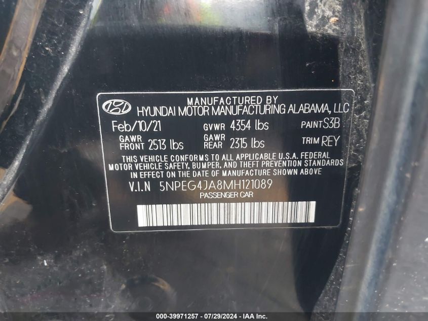 2021 Hyundai Sonata Se VIN: 5NPEG4JA8MH121089 Lot: 39971257