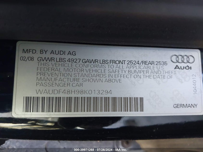 2008 Audi A4 2.0T VIN: WAUDF48H98K013294 Lot: 39971268