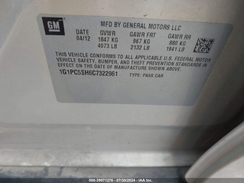 2012 Chevrolet Cruze Ls VIN: 1G1PC5SH6C7322961 Lot: 39971276