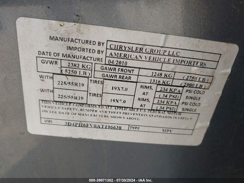 2010 Dodge Journey R/T VIN: 3D4PH6FV0AT196638 Lot: 39971302
