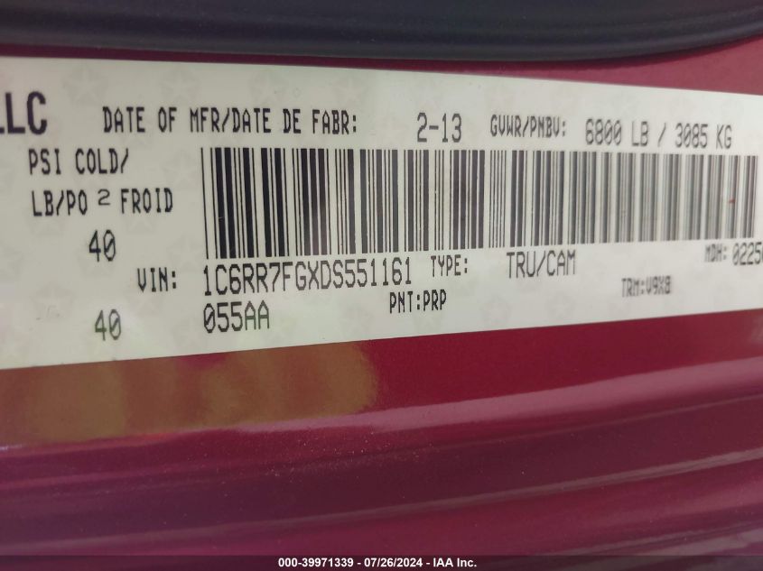2013 Ram 1500 St VIN: 1C6RR7FGXDS551161 Lot: 39971339