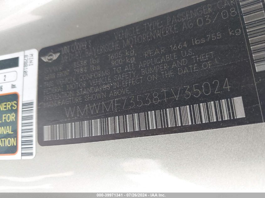 2008 Mini Cooper S VIN: WMWMF73538TV35024 Lot: 39971341