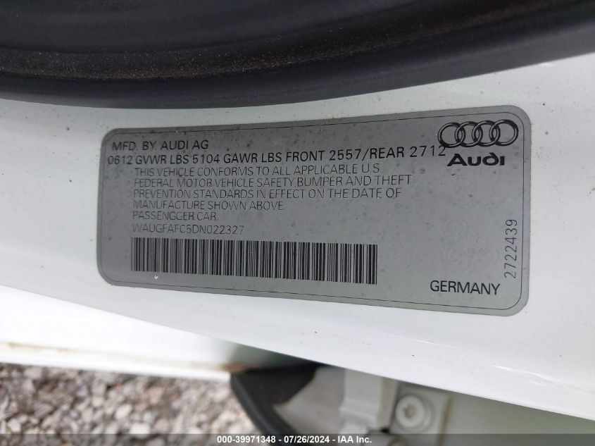 2013 Audi A6 2.0T Premium VIN: WAUGFAFC5DN022327 Lot: 39971348
