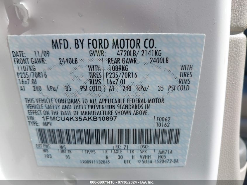 1FMCU4K35AKB10897 2010 Ford Escape Hybrid Limited