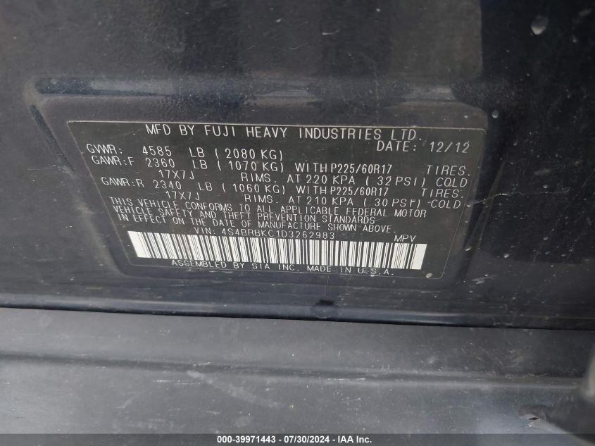 2013 Subaru Outback 2.5I Limited VIN: 4S4BRBKC1D3262983 Lot: 39971443