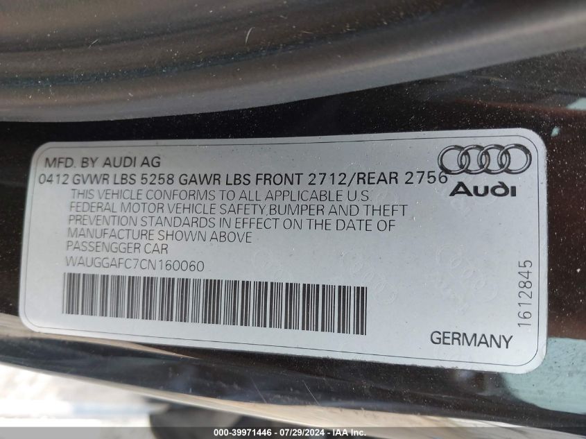 2012 Audi A6 3.0 Premium VIN: WAUGGAFC7CN160060 Lot: 39971446