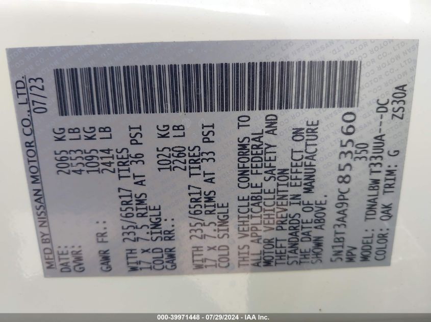 2023 Nissan Rogue S VIN: 5N1BT3AA9PC853560 Lot: 39971448