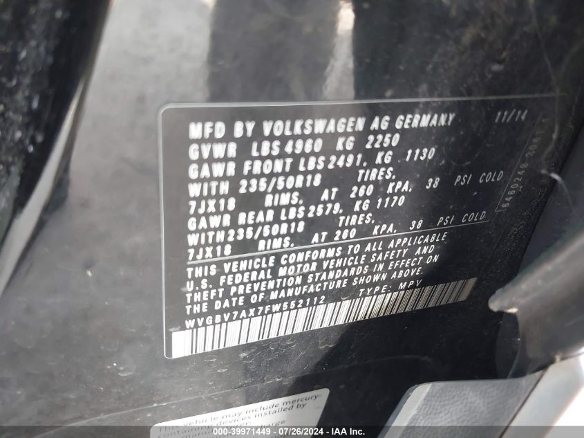 2015 VOLKSWAGEN TIGUAN SEL - WVGBV7AX7FW552112