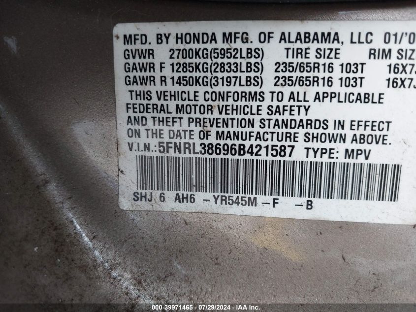 2006 Honda Odyssey Exl VIN: 5FNRL38696B421587 Lot: 39971465