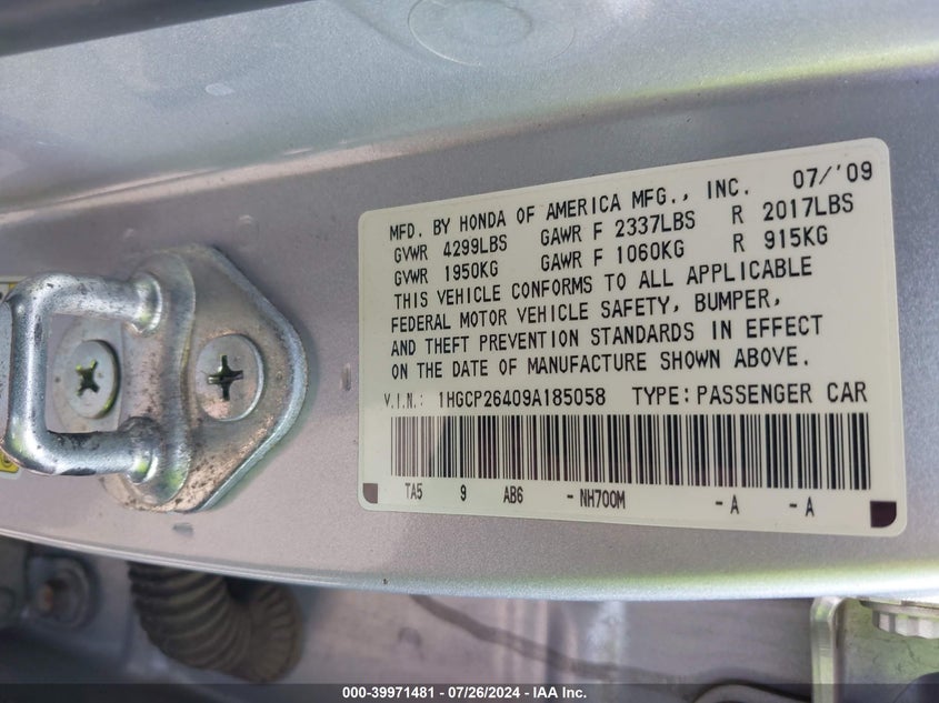 2009 Honda Accord Lxp VIN: 1HGCP26409A185058 Lot: 39971481