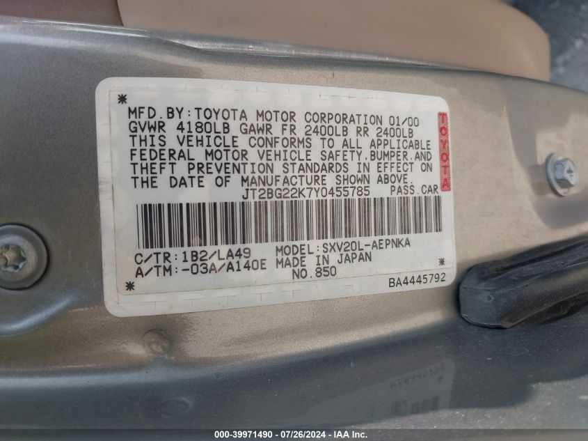 2000 Toyota Camry Le VIN: JT2BG22K7Y0455785 Lot: 39971490
