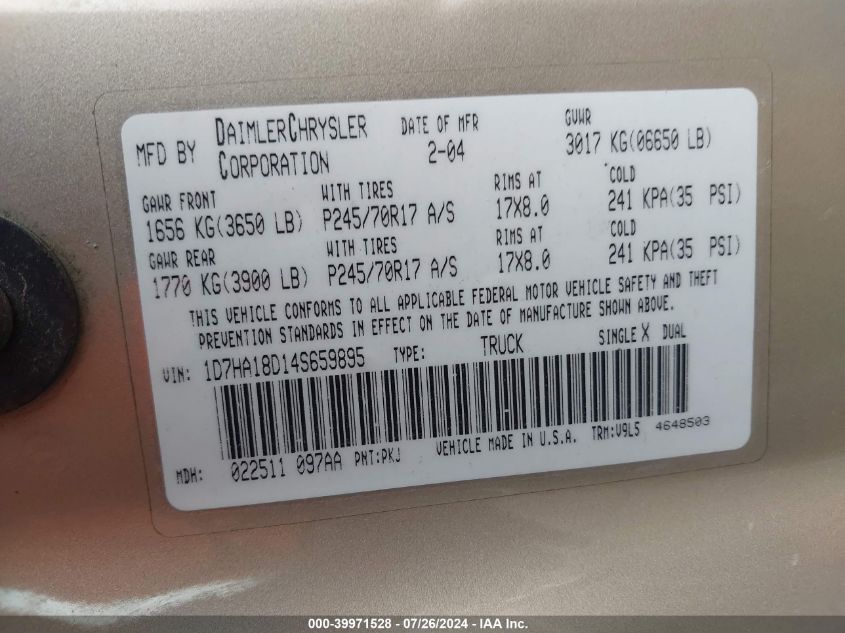 2004 Dodge Ram 1500 Slt/Laramie VIN: 1D7HA18D14S659895 Lot: 39971528