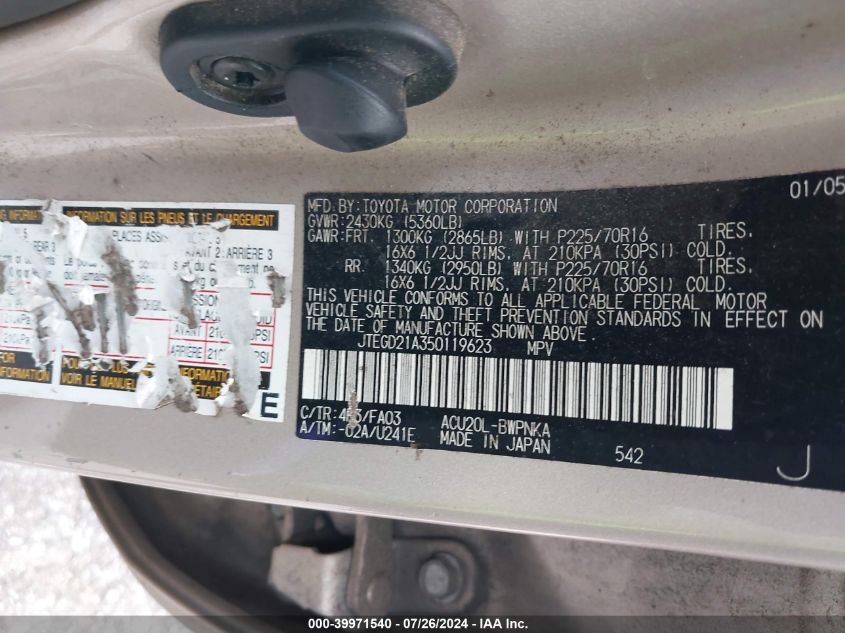 2005 Toyota Highlander VIN: JTEGD21A350119623 Lot: 39971540