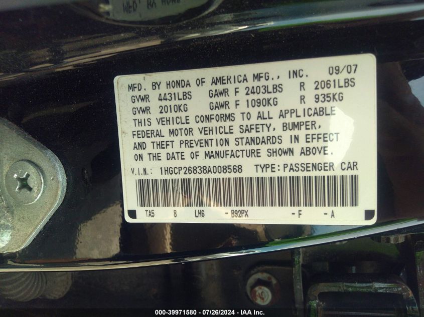 1HGCP26838A008568 | 2008 HONDA ACCORD