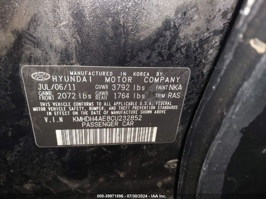 2012 Hyundai Elantra Gls (Ulsan Plant) VIN: KMHDH4AE8CU232852 Lot: 39971586