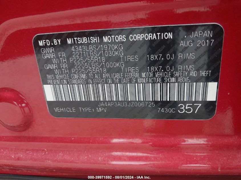 VIN JA4AP3AU3JZ006725 2018 Mitsubishi Outlander, Sp... no.9