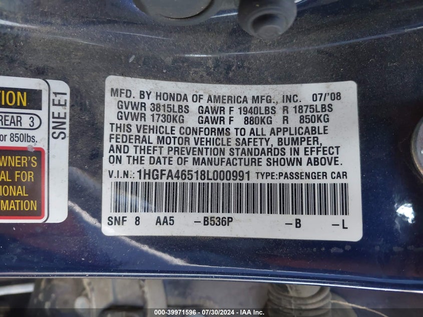 2008 Honda Civic Gx VIN: 1HGFA46518L000991 Lot: 39971596