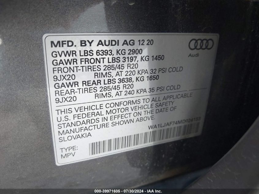 2021 Audi Q7 Premium Plus 45 Tfsi Quattro Tiptronic VIN: WA1LJAF74MD024153 Lot: 39971605