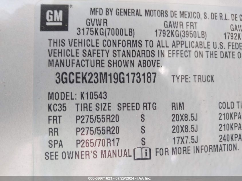 2009 Chevrolet Silverado 1500 Lt VIN: 3GCEK23M19G173187 Lot: 39971623