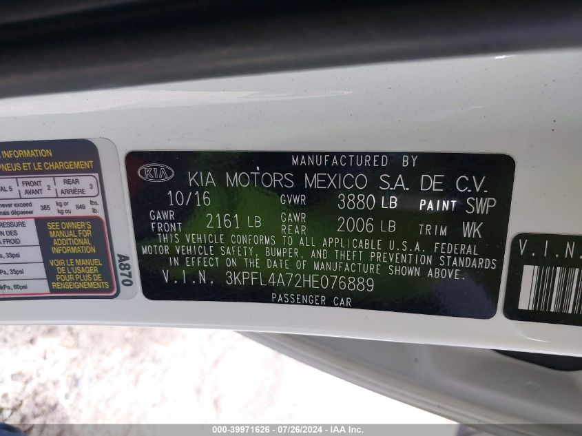 2017 Kia Forte Lx VIN: 3KPFL4A72HE076889 Lot: 39971626