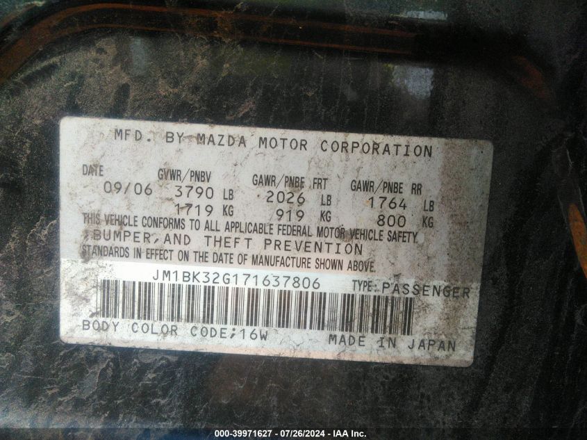 2007 Mazda Mazda3 I Sport VIN: JM1BK32G171637806 Lot: 39971627