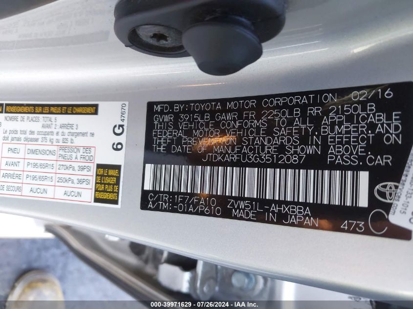 2016 Toyota Prius VIN: JTDKARFU3G3512087 Lot: 39971629