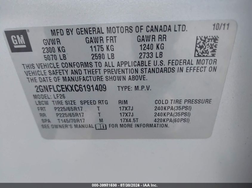 2GNFLCEKXC6191409 2012 Chevrolet Equinox Ls