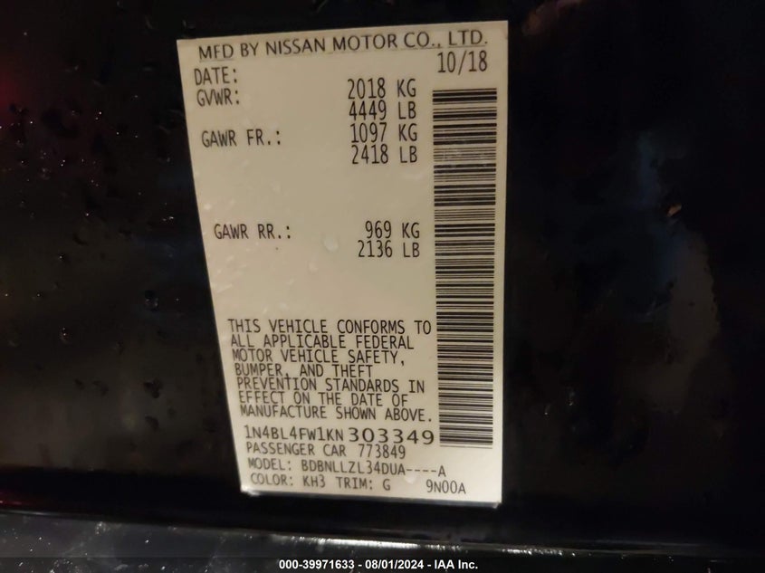 1N4BL4FW1KN303349 2019 Nissan Altima 2.5 Platinum