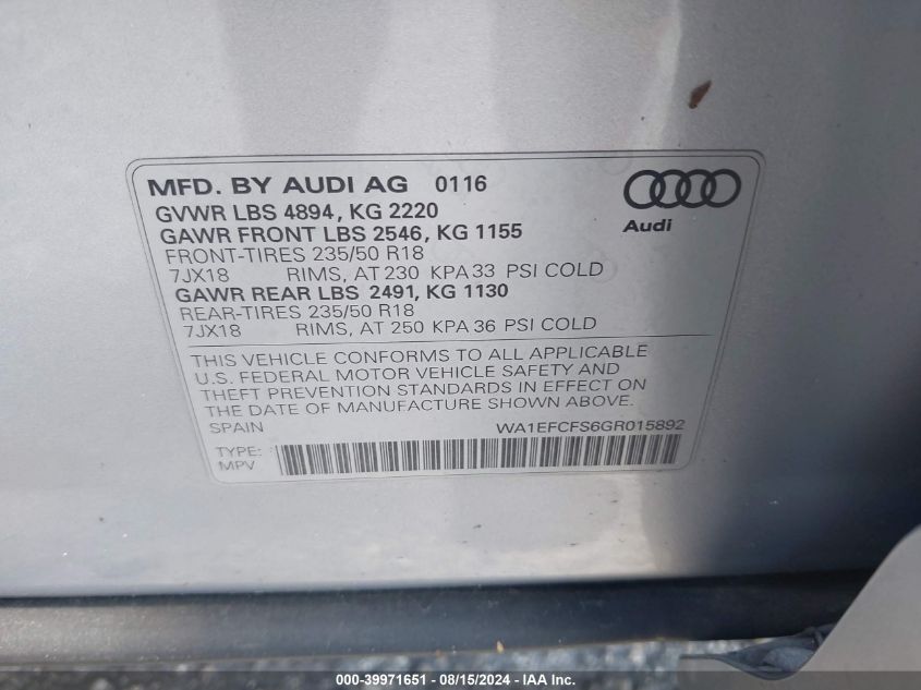 VIN WA1EFCFS6GR015892 2016 Audi Q3, 2.0T Premium Plus no.9