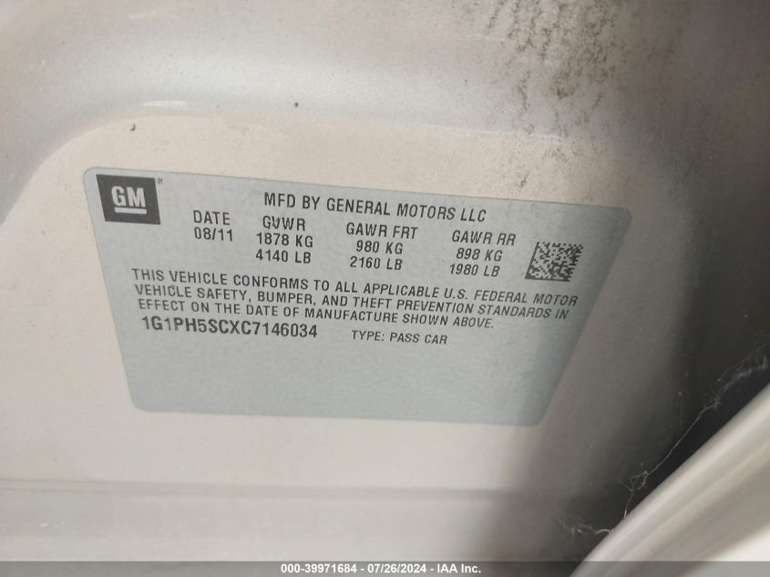 2012 Chevrolet Cruze Ltz VIN: 1G1PH5SCXC7146034 Lot: 39971684