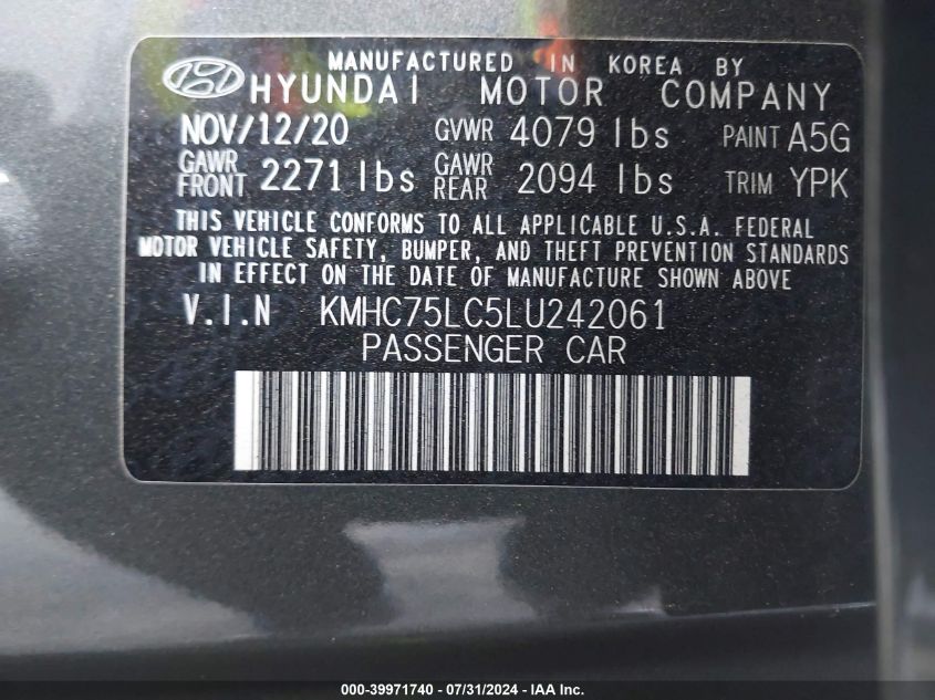 2020 Hyundai Ioniq Hybrid Se VIN: KMHC75LC5LU242061 Lot: 39971740