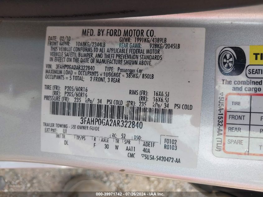 2010 Ford Fusion S VIN: 3FAHP0GA2AR322840 Lot: 39971742