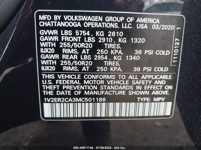 2021 Volkswagen Atlas 3.6L V6 Sel VIN: 1V2ER2CA3MC501186 Lot: 39971746