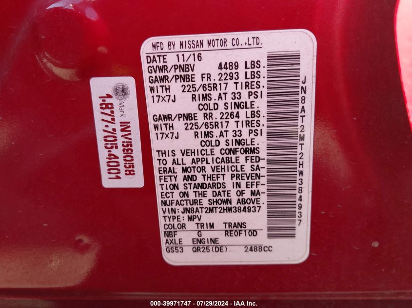 2017 Nissan Rogue S VIN: JN8AT2MT2HW384937 Lot: 39971747