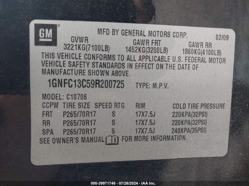 2009 Chevrolet Tahoe Ls VIN: 1GNFC13C59R200725 Lot: 39971748