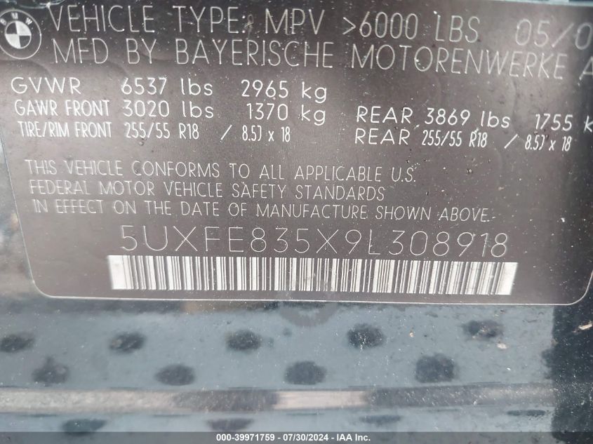 2009 BMW X5 xDrive48I VIN: 5UXFE835X9L308918 Lot: 39971759