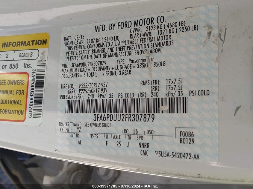 2015 Ford Fusion S Hybrid VIN: 3FA6P0UU2FR307879 Lot: 39971785