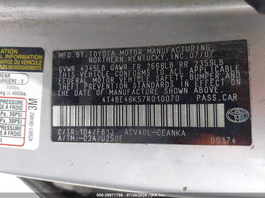 2007 Toyota Camry Ce VIN: 4T4BE46K57R010070 Lot: 39971786
